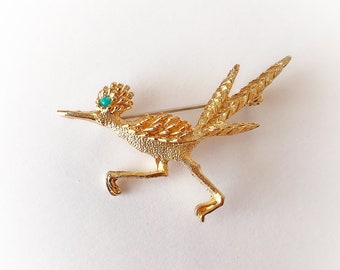 Vintage Roadrunner Brooch Gold Tone Metal with Faux Turquoise Eye