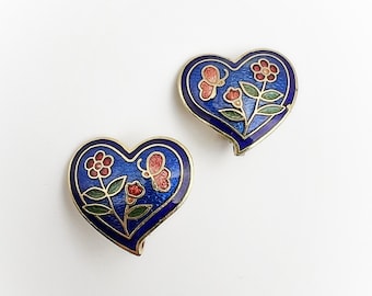 Vintage Heart Shaped Blue Cloisonne Clip On Earrings with Pink Butterfly and Flowers