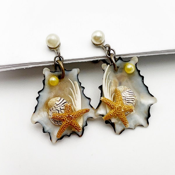 Vintage Seashell Starfish and Faux Pearl Dangle Screw Back Earrings