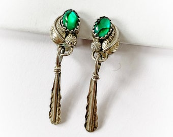 Vintage Southwest Green Abalone Sterling Silver Feather Dangle Earrings Clip On