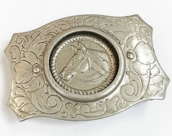 Vintage Silver Tone Metal Horse Belt Buckle with Floral Border