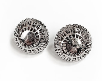 Vintage Silver Tone Metal Dome Clip On Earrings with Cut Out Design