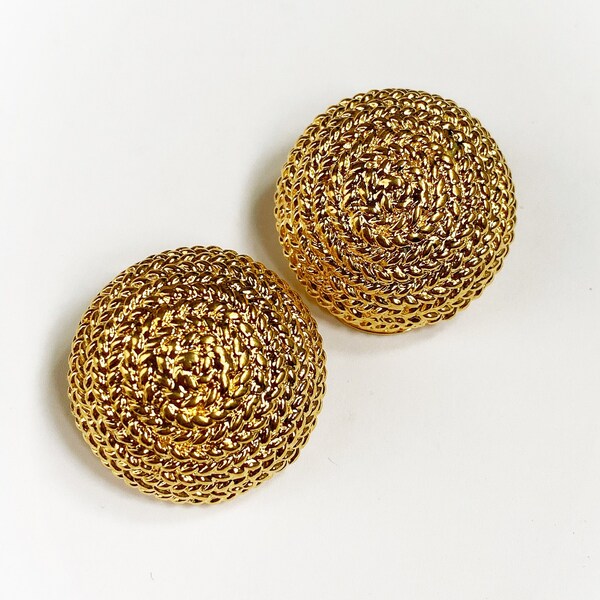 Vintage Gold Tone Metal Dome Clip On Earrings Braid Rope Texture