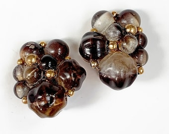 Vintage Smoky Black Cluster Bead Clip On Earrings