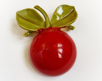 Vintage Cherry Berry Fruit Brooch Red and Green on Gold Tone Metal