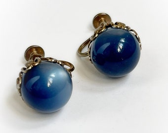 Vintage Blue Moonglow Lucite Ball Screw Back Earrings