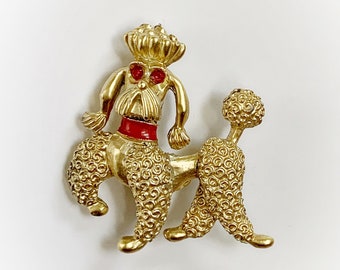 Vintage Poodle Brooch Gold Tone Metal with Red Rhinestone Eyes