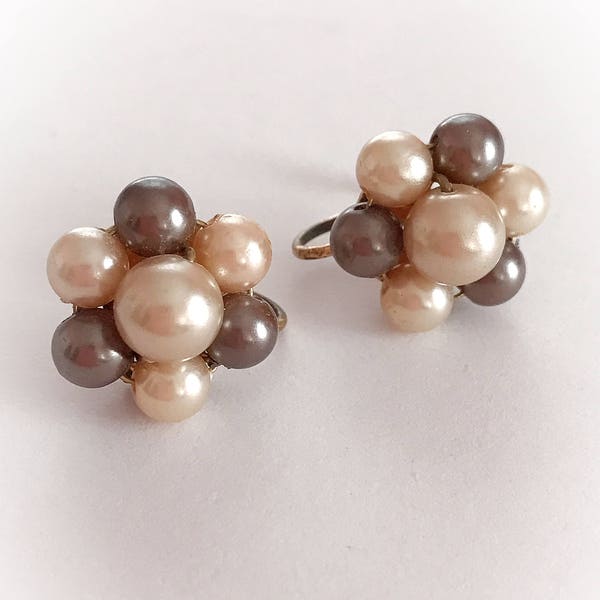 Vintage Faux Pearl Cluster Earrings Screw Backs Brown and Tan