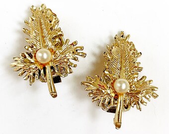 Vintage Gold Tone Metal Leaf Clip On Earrings with Faux Pearl Accent