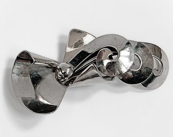 Vintage Silver Tone Metal Modernist Bow Brooch