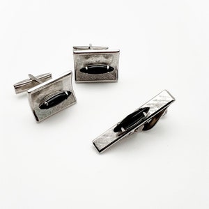 Vintage Tie Clip and Cuff Links Set Silver Tone Metal and Black Marquise Cabochon Center