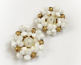 Vintage White and Gold Plastic Bead Clip On Earrings