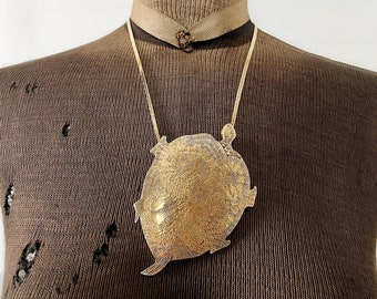 Vintage Accessocraft NYC Pauline Trigere  Turtle Pendant Statement Necklace Gold Tone Metal