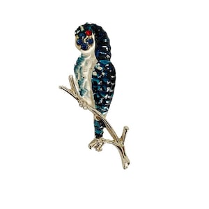 Vintage Blue Parrot Brooch with Red Rhinestone Eye