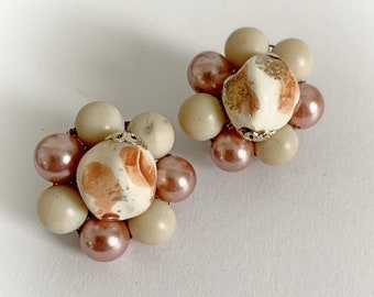 Vintage Japan Plastic Bead Cluster Clip On Earrings