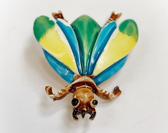 Vintage Blue Yellow Green and Brown Enamel Bug Brooch