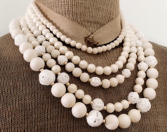 Vintage Japan Multi Strand White Plastic Pearlescent and Glass