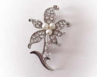 Vintage Faux Pearl and Rhinestone Flower Brooch