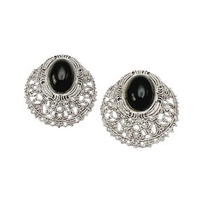 Vintage Black Plastic Oval Cabochon with Metal Filigree White Border Earrings Clip On