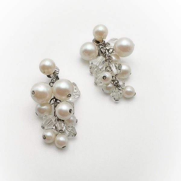 Vintage Bunched Grapes Faux Pearls and Clear Translucent Faceted Beads Clip On Earrings