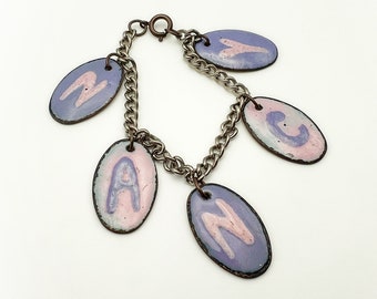 Vintage Nancy Copper Enamel Pink and Light Purple Charm Bracelet