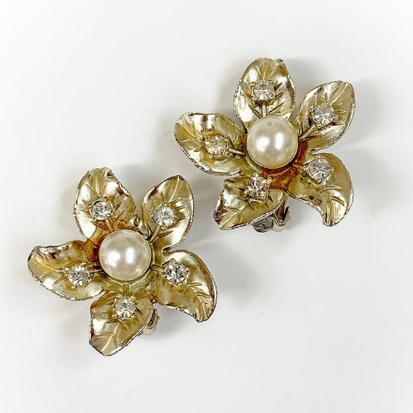 Vintage Coro Flower Clip On Earrings Gold Tone Metal with Rhinestone Accents and Faux Pearl Center