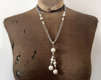 Vintage Faux Pearl and Multi Strand Silver Tone Metal Chain Tassel Necklace