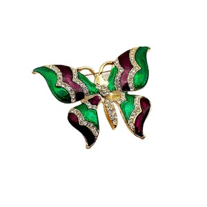 Vintage Green and Purple Enamel Butterfly Brooch with Tiny White Rhinestones