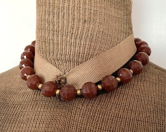 Vintage Brown Plastic Choker Necklace Faceted Beads with Gold Tone Spacer Beads