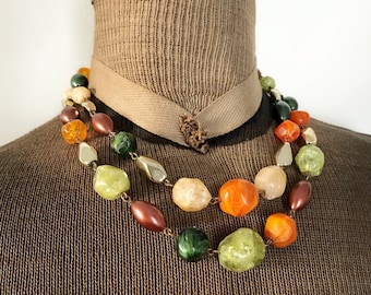 Vintage Double Strand Plastic Bead Necklace Silver Orange Green White