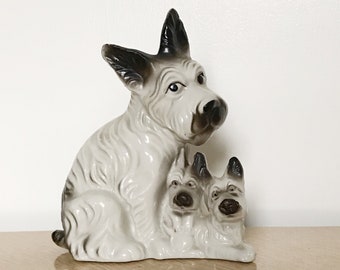 Vintage Scottish Terrier Mother Dog with Puppies Ceramic Figurine Japan