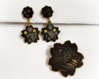 Vintage Japan Damascene Floral and Mountain Scenery Jewelry Set Brooch and Screw Back Earrings