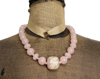 Vintage 1980s Plastic Rose Quartz Beaded Necklace with Cherry Blossom Decal