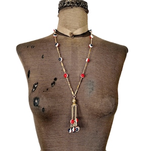 Vintage Mod Tassel Pendant Necklace Gold Tone Metal Links and Blue, Red, and White Round Beads