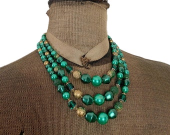 Collier Vintage 3 Rangs Perles Vert D'eau Nacré - Pièce Unique - Occasion