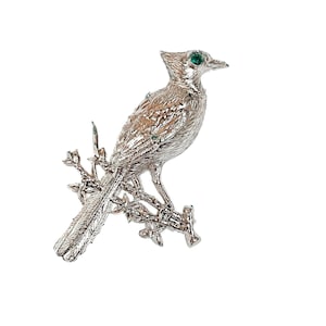 Vintage Silver Tone Plastic Woodpecker Brooch with Green Rhinestone Eye