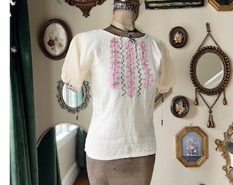 Vintage Cream White Petite Peasant Top Pink and Black Embroidered Blouse