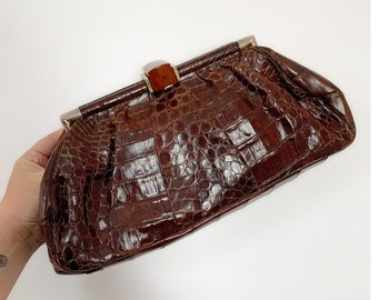 Vintage Large Brown Argentian Alligator Clutch Purse with Bakelite Clasp