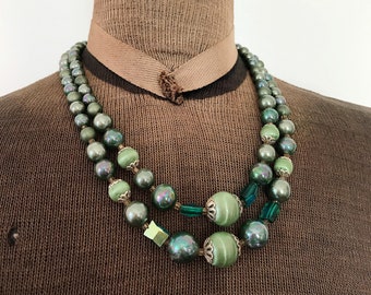 Vintage Green Iridescent Double Strand Necklace