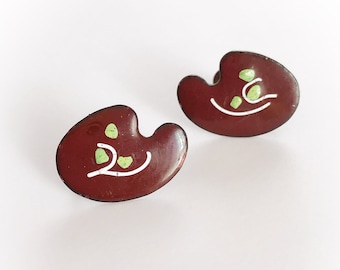 Vintage Copper Enamel Abstract Earrings Brown Green White Screw Backs Paint Palette