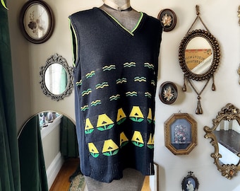 Vintage 1970s Black Vest with Green and Yellow Geometric Tulip Flowers