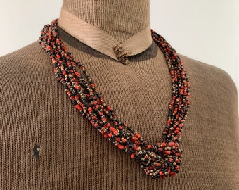 Vintage Multi Strand Red Gold and Black Bead Knot Necklace