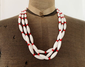 Vintage Plastic Red and White Multi Strand Bead Necklace with Decorative Clasp