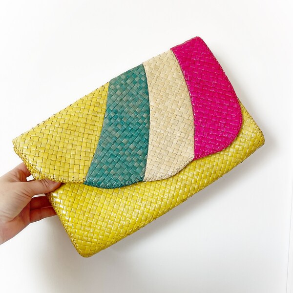 Vintage Straw Clutch Purse Dyed Yellow Blue Natural and Fuchsia Pink