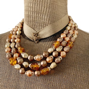 Vintage Triple Strand Pearlescent Brown Plastic and Orange Glass Bead Choker Necklace