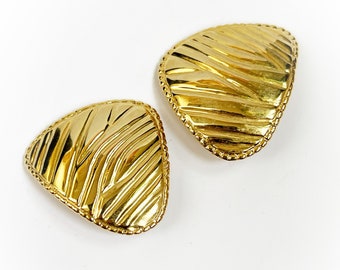 Vintage 1980s Large Gold Tone Metal Zebra Stripe Triangular Clip On Earrings