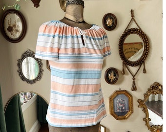 Vintage 1970s Garland White Peach Pink and Light Blue Stripe Peasant Style Top