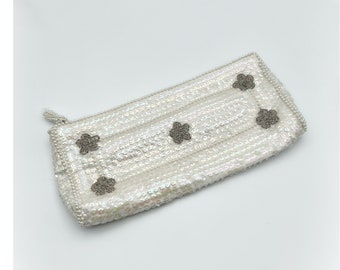 Vintage Iridescent White Sequins Beads and Faux Pearl Clutch Purse Bag by Debbie a Division of John Wind Imports Made in Japan