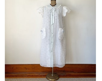 Vintage 1960s White Sheer Peignoir Robe with Blue Flowers Rhinestone Buttons