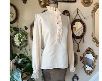 Vintage 1970s Don Sayres for Gamut Cream Colored Ruffled Lacy Trim Blouse with Faux Pearl Buttons